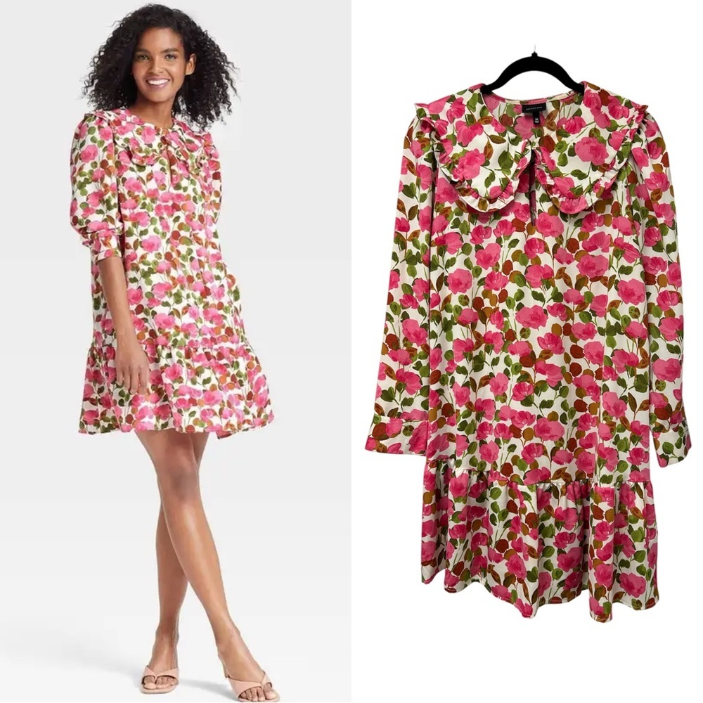 Who What Wear Pink Floral Tent Dress | Ruffle Collar | Size M